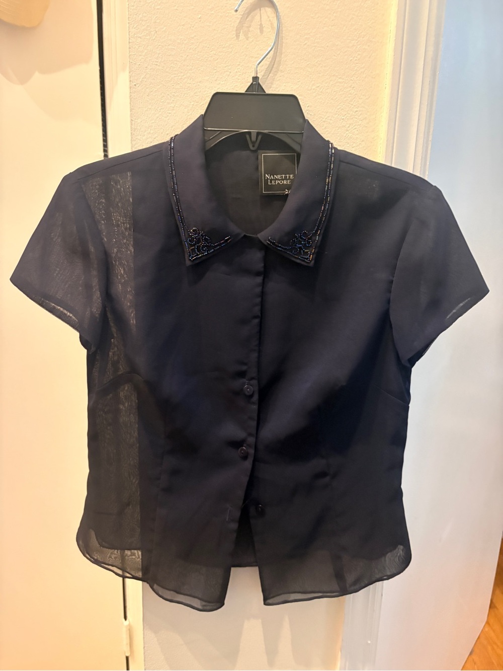 Nanette Lepore Midnight Navy Short-Sleeve Sheer Button-Down